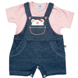 Conjunto Banho De Sol Tipo Jardineira Bordado com Camiseta